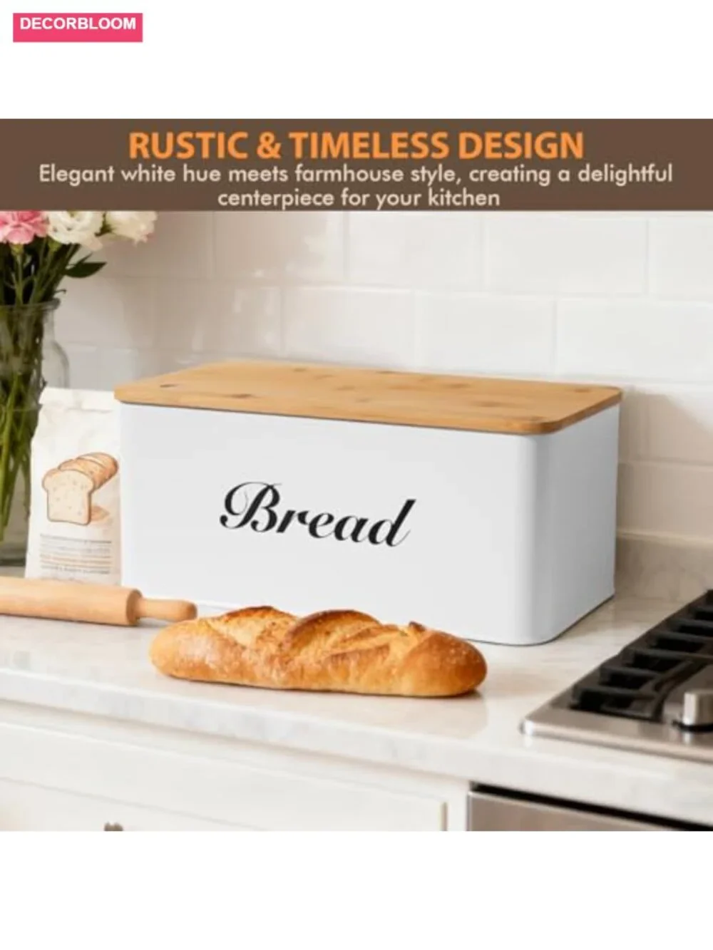 White Metal Bread Box with Bamboo Lid and One-Way Degassing Valve for Kitchen